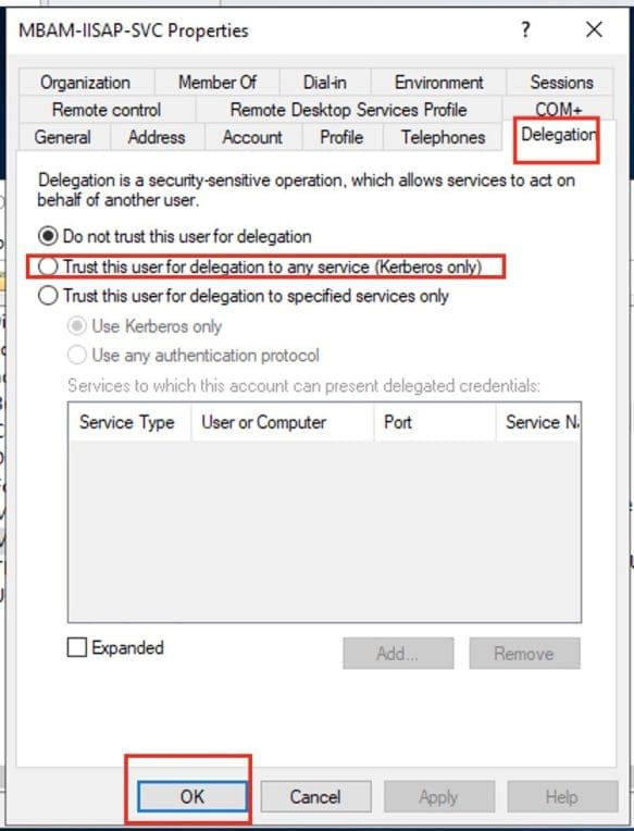 Security permissions for service accounts