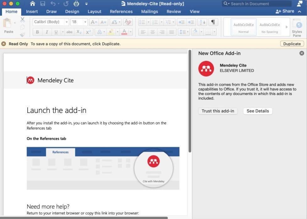 click on trust add-in to enable Mendelaey Cite