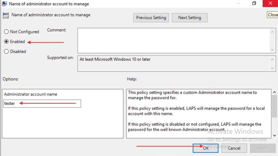 Name of Administrator Account to Manage
