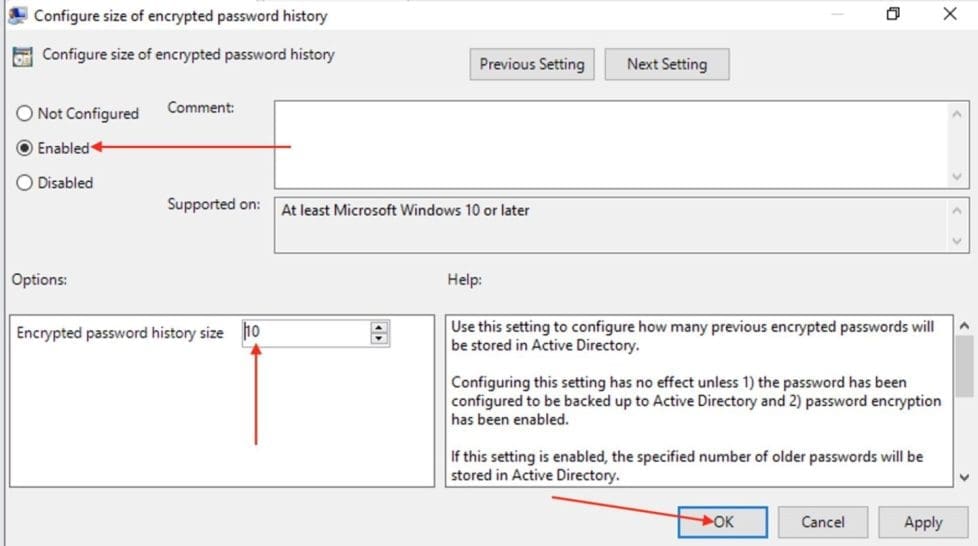 Size of encrypted pasword history