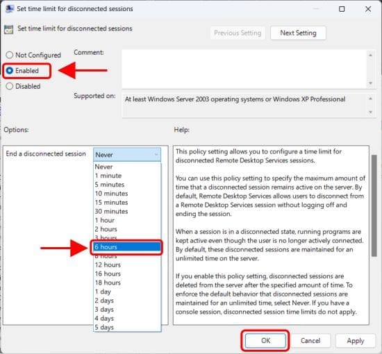 Set the session time limit for disconnected users