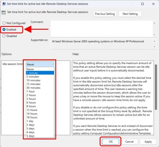 Set time limit for idle session